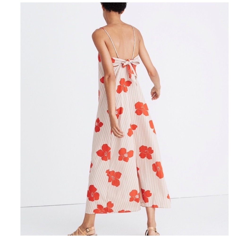 Madewell Poppy Floral Stripe Button Front Tie Back Midi Dress Orange XS - Picture 2 of 12